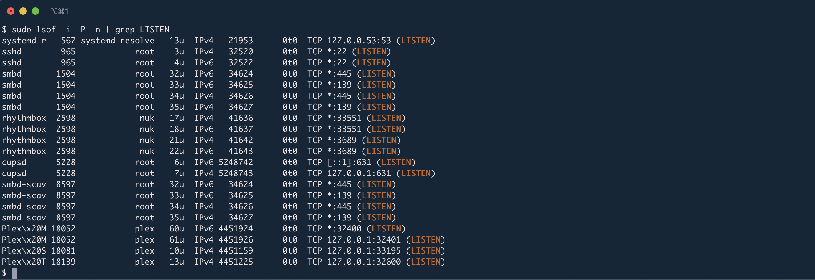 Determining the networking ports in use on a Linux system
